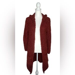 Poof Apparel Rust duster open front cardigan sz L with hood cozy sweater Y2K EUC